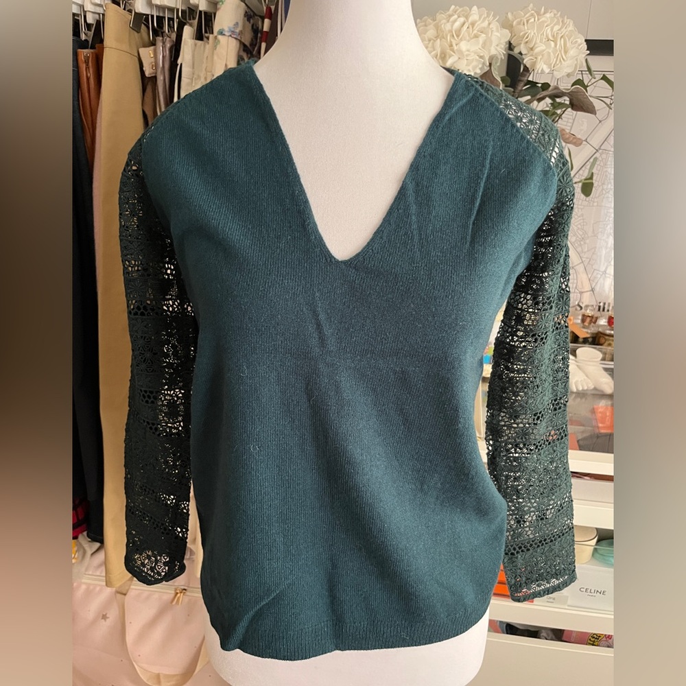Sezane Pull Valentin V-Neck Sweater with Crochet Lace Sleeves Size XS